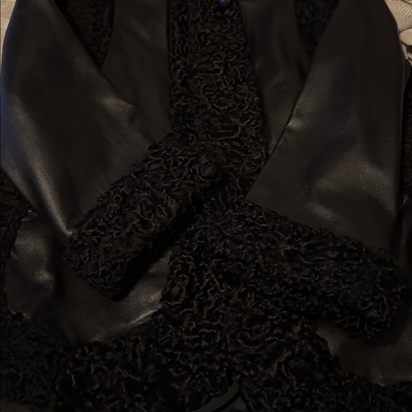 Black lamb fur trim lambskin leather coat L - Picture 8 of 12